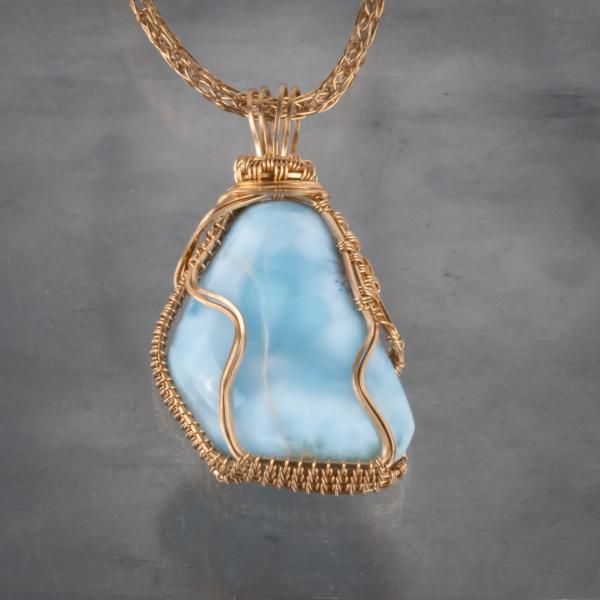 Larimar and bronze woven pendant