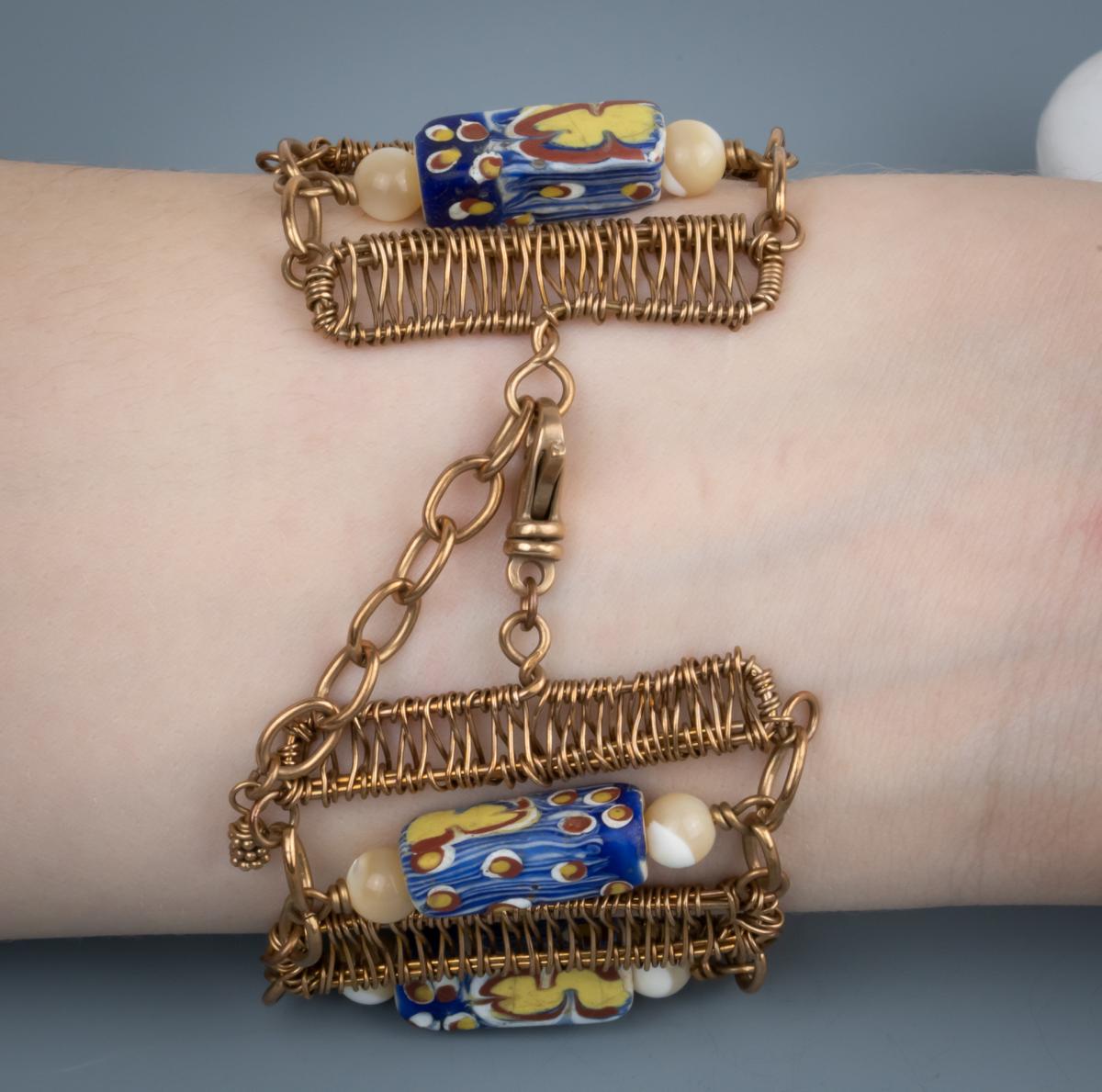 Venetian lamp work and bronze wire woven bracelet picture