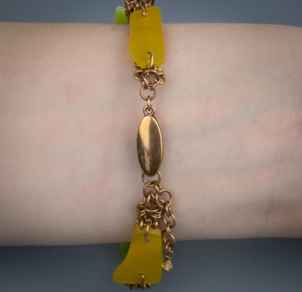 Green and yellow tumbled glass bronze wire woven bracelet picture