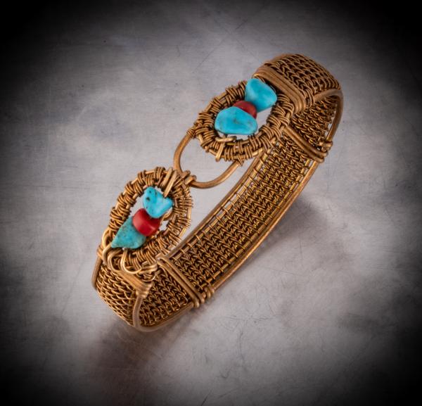 turquoise and red coral bronze woven cuff