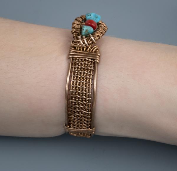 turquoise and red coral bronze woven cuff picture