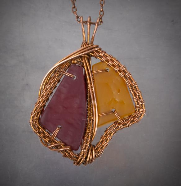 Amber & red tumbled glass copper woven pendant