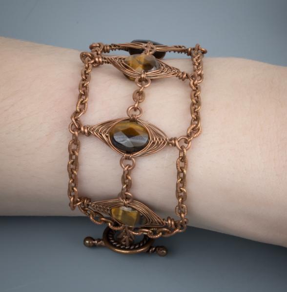 Tiger eye copper herringbone weave  and chain bracelet picture