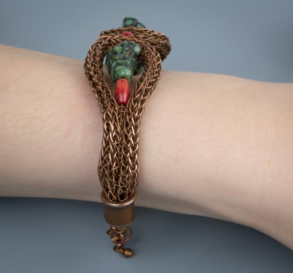 Turquoise, red coral copper viking knit cuff picture