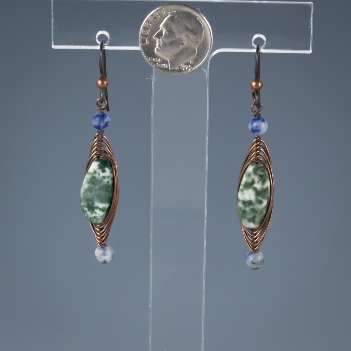 Moss agate, sodalite copper herringbone earrings picture