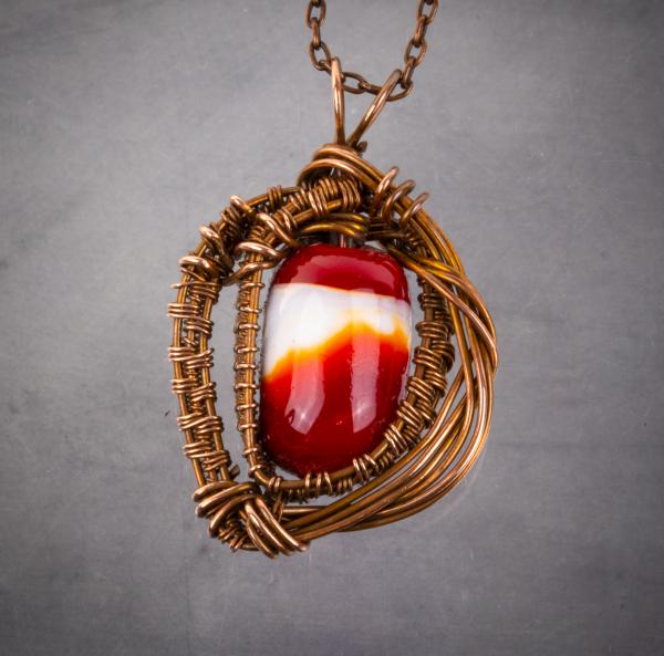 Red & white flame work bead copper woven pendant