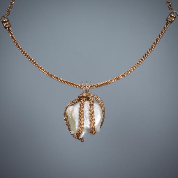 Baroque pearl bronze woven pendant with braided chain picture
