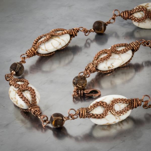 Cream magnesite, dizi bead, copper woven necklace