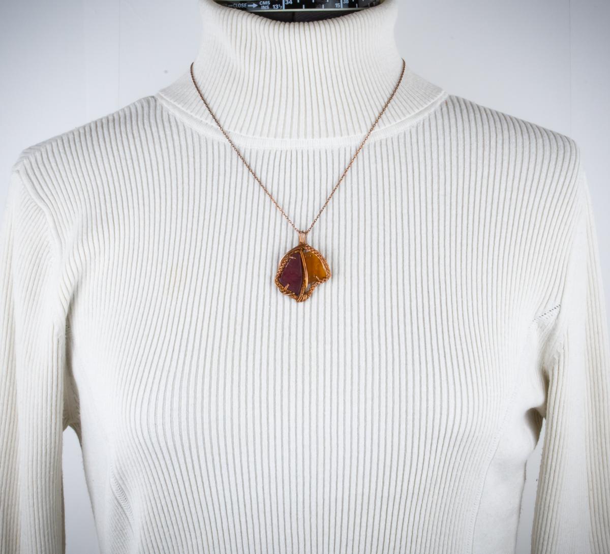 Amber & red tumbled glass copper woven pendant picture