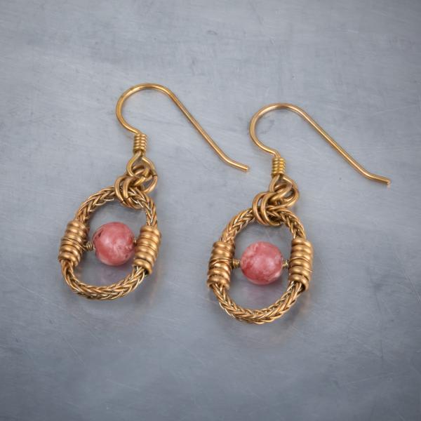 Rhodochrosite and bronze braided oval earrings