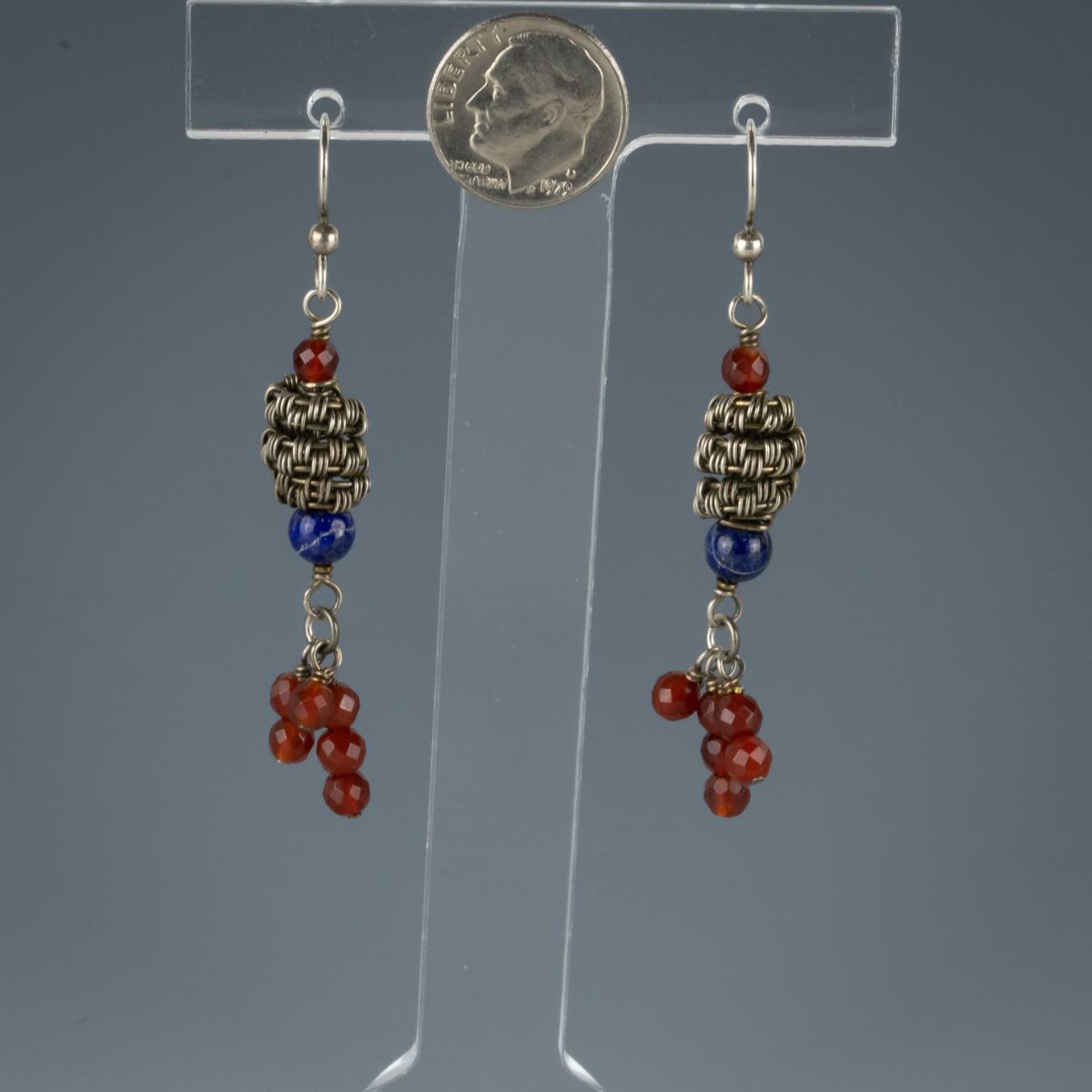 Lapis, carnelian, sterling silver wire woven earrings. picture