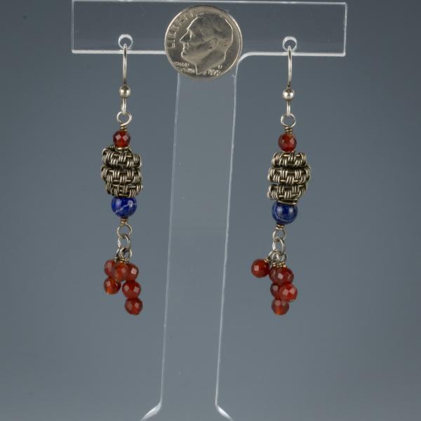 Lapis, carnelian, sterling silver wire woven earrings. picture
