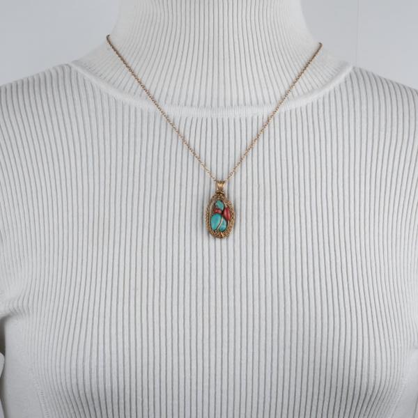 Turquoise red coral bronze woven pendant picture