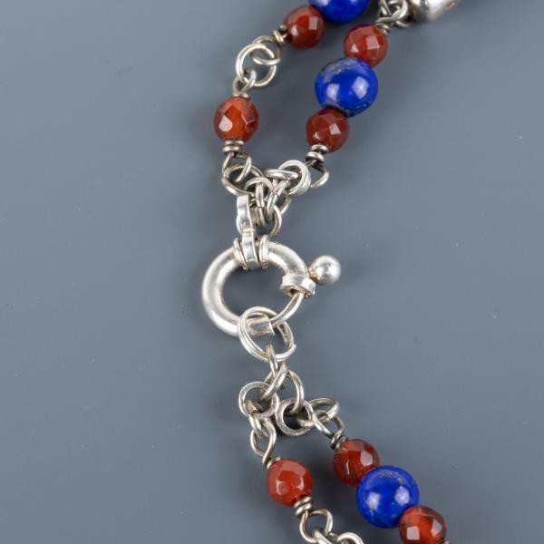 Moroccan silver bead, carnelian, lapis, sterling silver woven double necklace picture