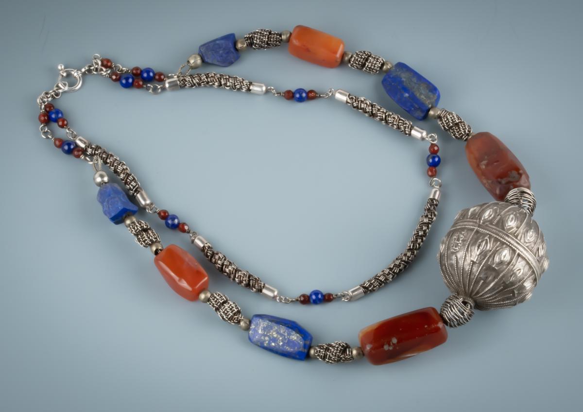 Moroccan silver bead, carnelian, lapis, sterling silver woven double necklace picture