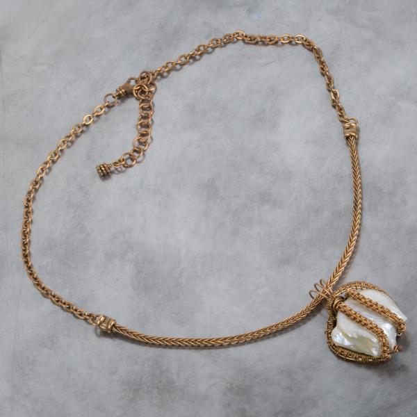 Baroque pearl bronze woven pendant with braided chain picture