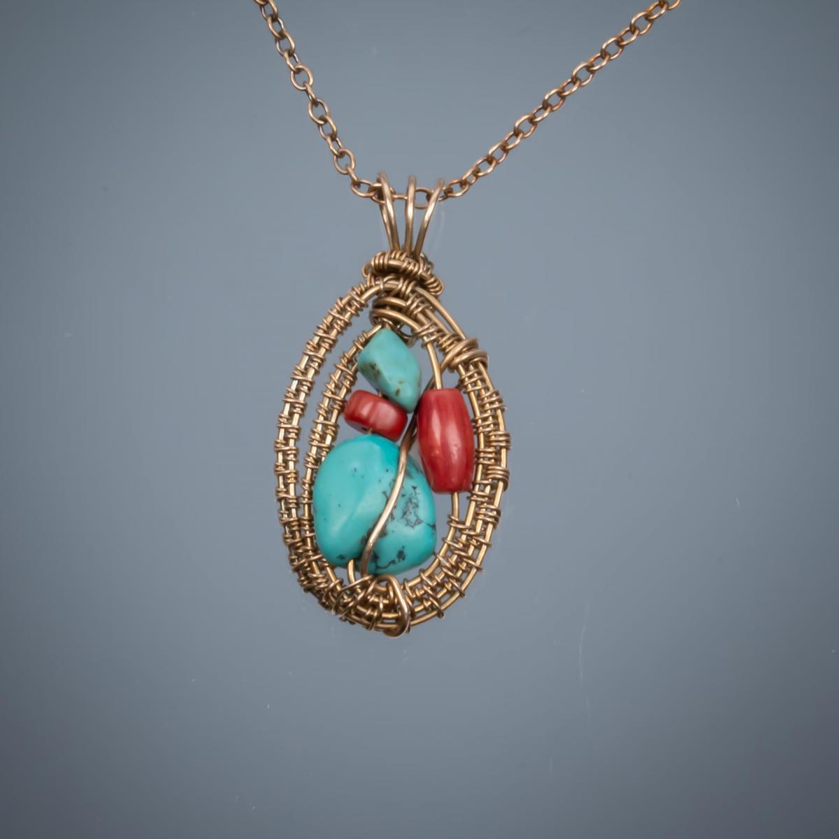 Turquoise red coral bronze woven pendant picture