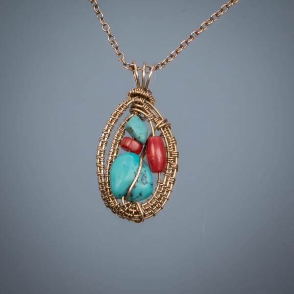 Turquoise red coral bronze woven pendant picture
