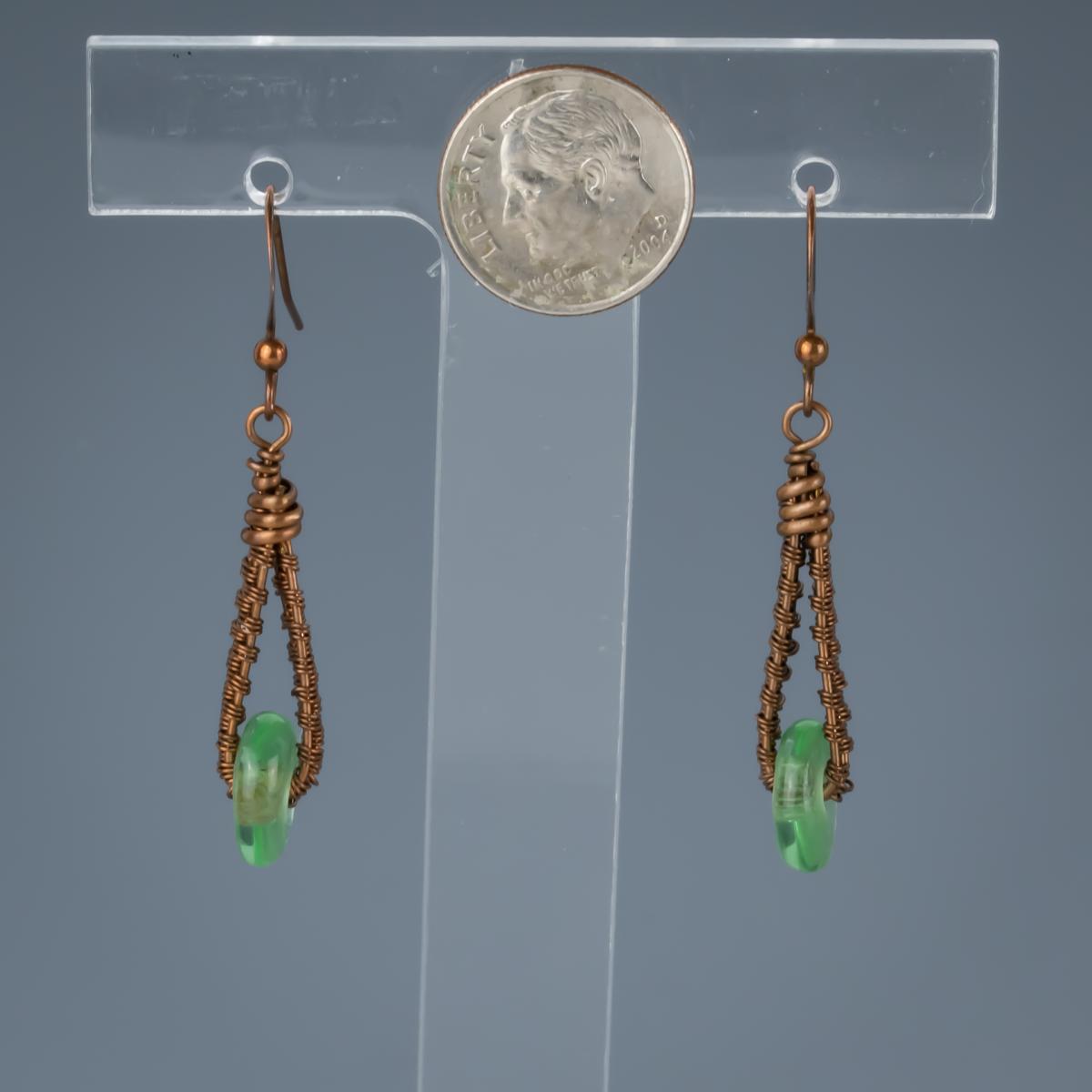 Green recycled glass wire woven loop earring picture