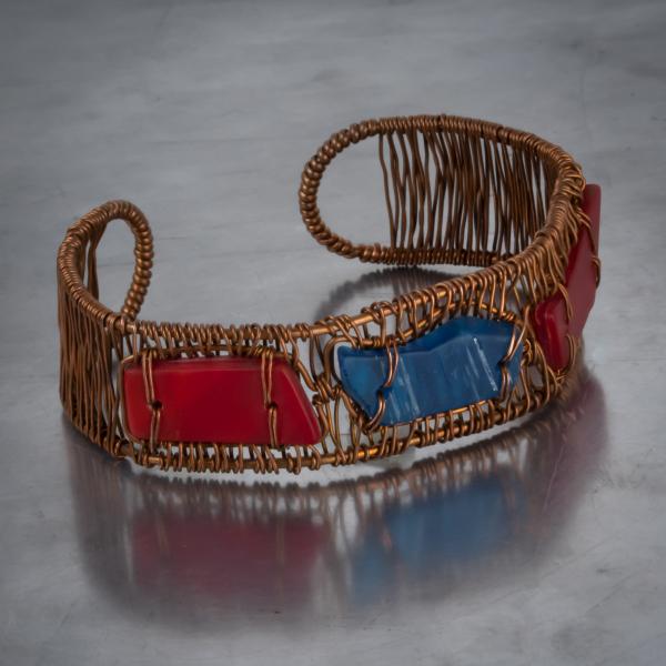 Red & Blue tumbled glass copper woven cuff bracelet. picture