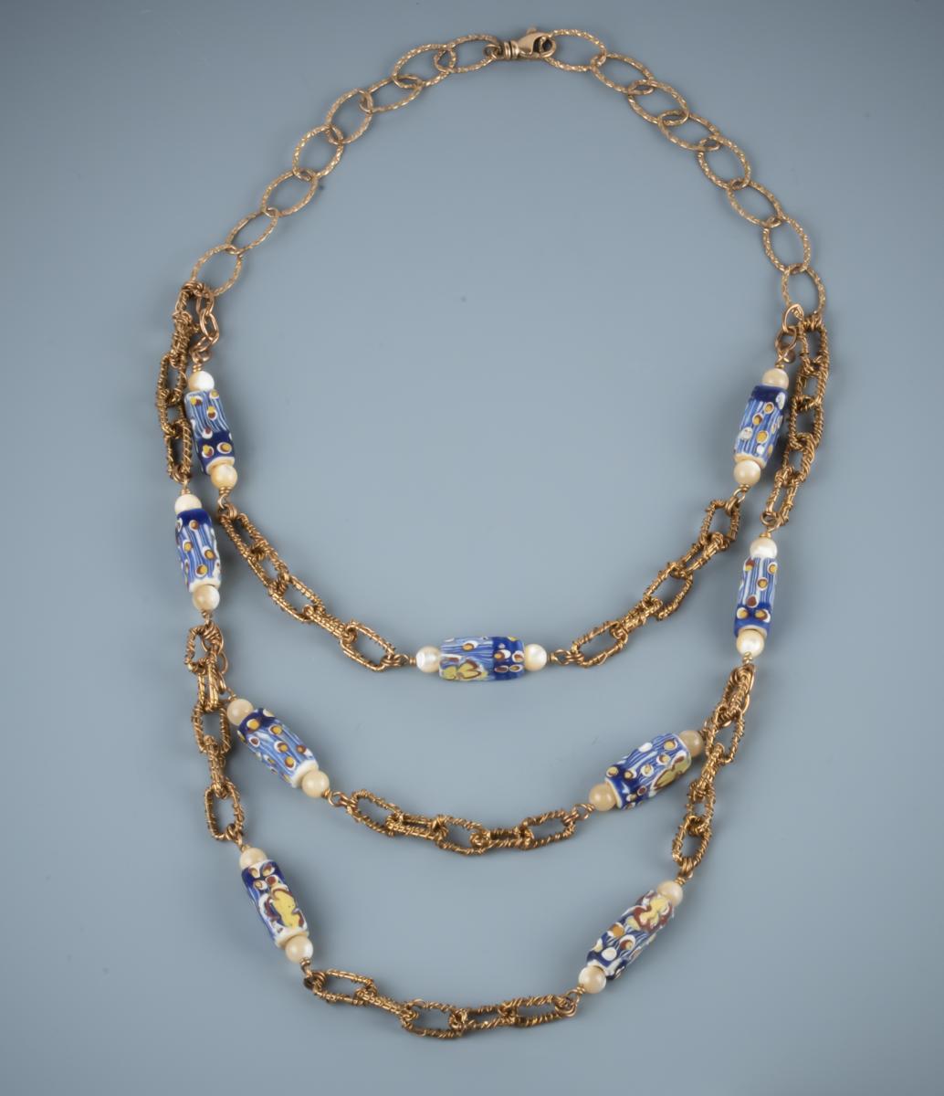 Venetian lamp work, mother of pearl, bronze wire work link triple strand necklace picture