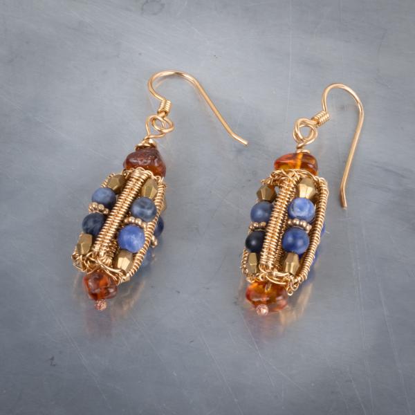 Sodalite, amber bronze woven earrings