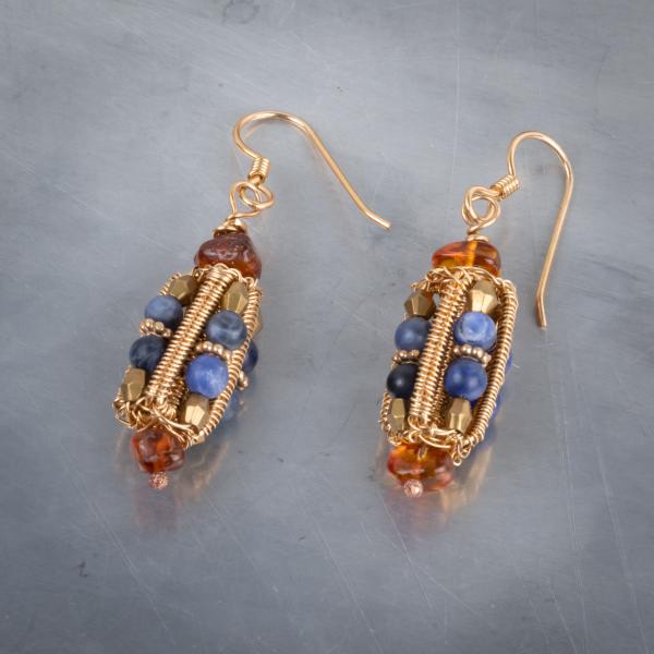 Sodalite, amber bronze woven earrings picture