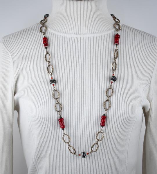 Italian (Venetian) white hearts, trail bead, braided silver link long chain necklace. picture