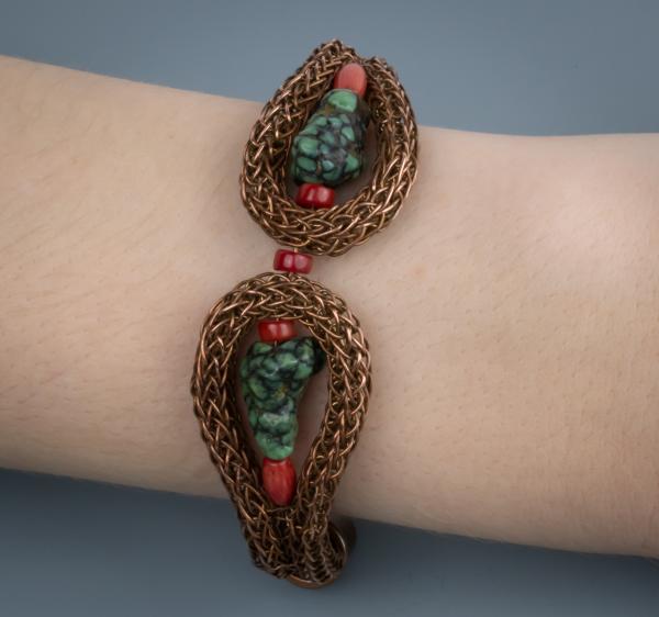 Turquoise, red coral copper viking knit cuff picture