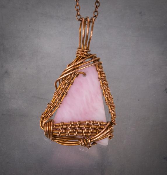 Pink tumbled glass copper woven pendant picture