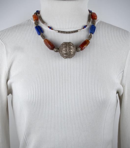 Moroccan silver bead, carnelian, lapis, sterling silver woven double necklace picture