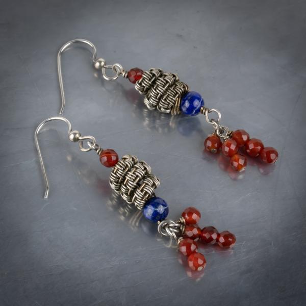 Lapis, carnelian, sterling silver wire woven earrings.