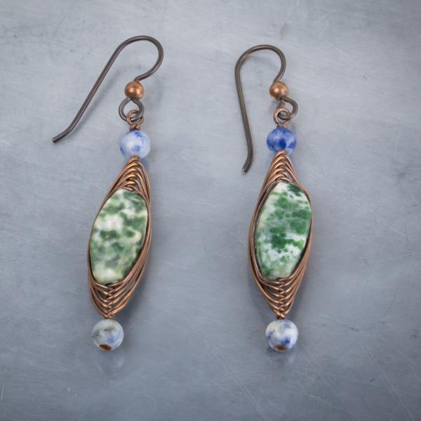 Moss agate, sodalite copper herringbone earrings