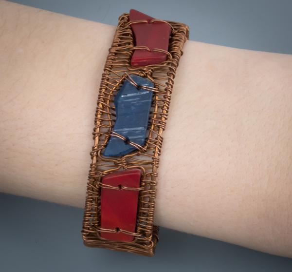 Red & Blue tumbled glass copper woven cuff bracelet. picture