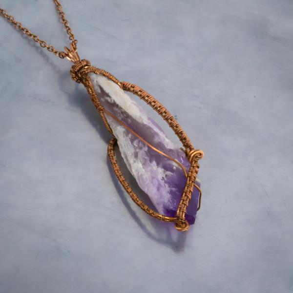 Bahai amethyst point copper woven long pendnat picture