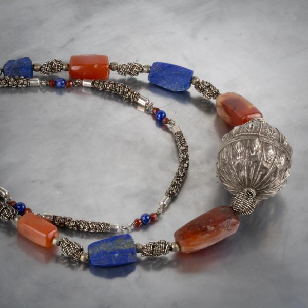 Moroccan silver bead, carnelian, lapis, sterling silver woven double necklace picture