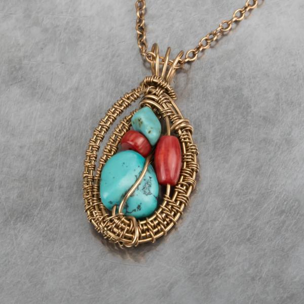 Turquoise red coral bronze woven pendant