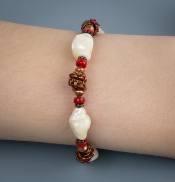 Mother of pearl, red coral, copper woven bracelet picture