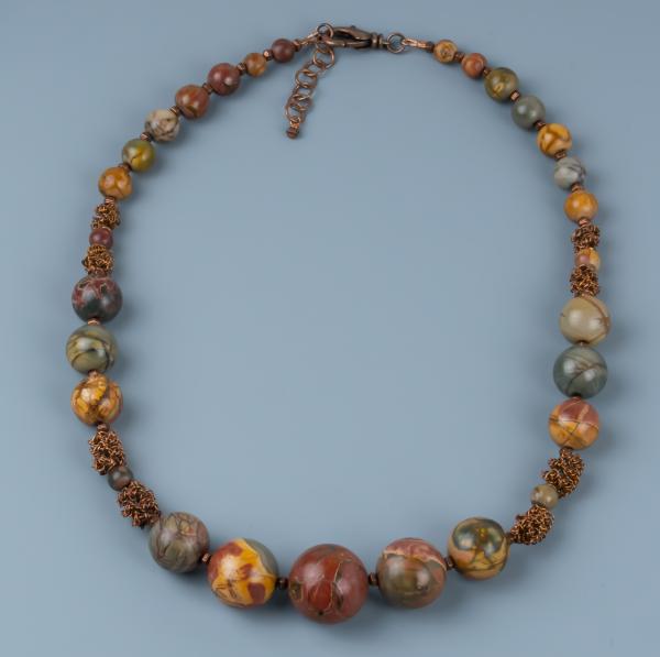 Red creek jasper graduated necklace with woven spiral copper beads picture