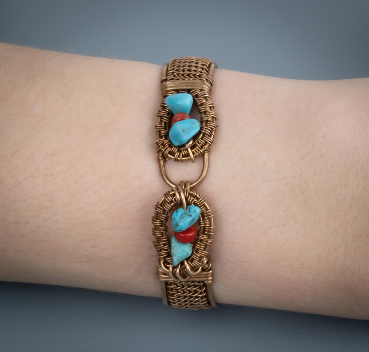turquoise and red coral bronze woven cuff picture