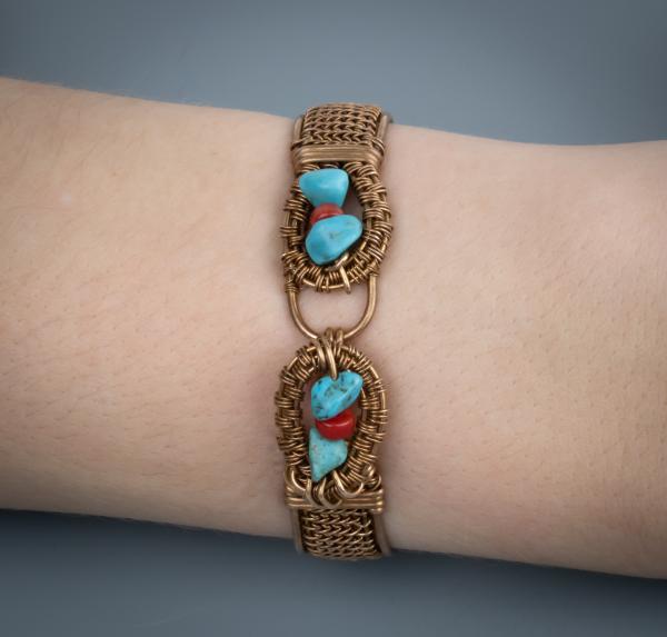 turquoise and red coral bronze woven cuff picture