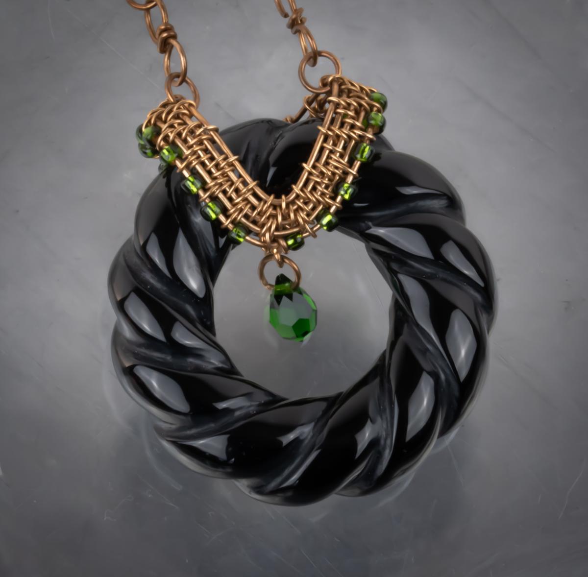 Black Onyx donut bronze wire woven pendant picture