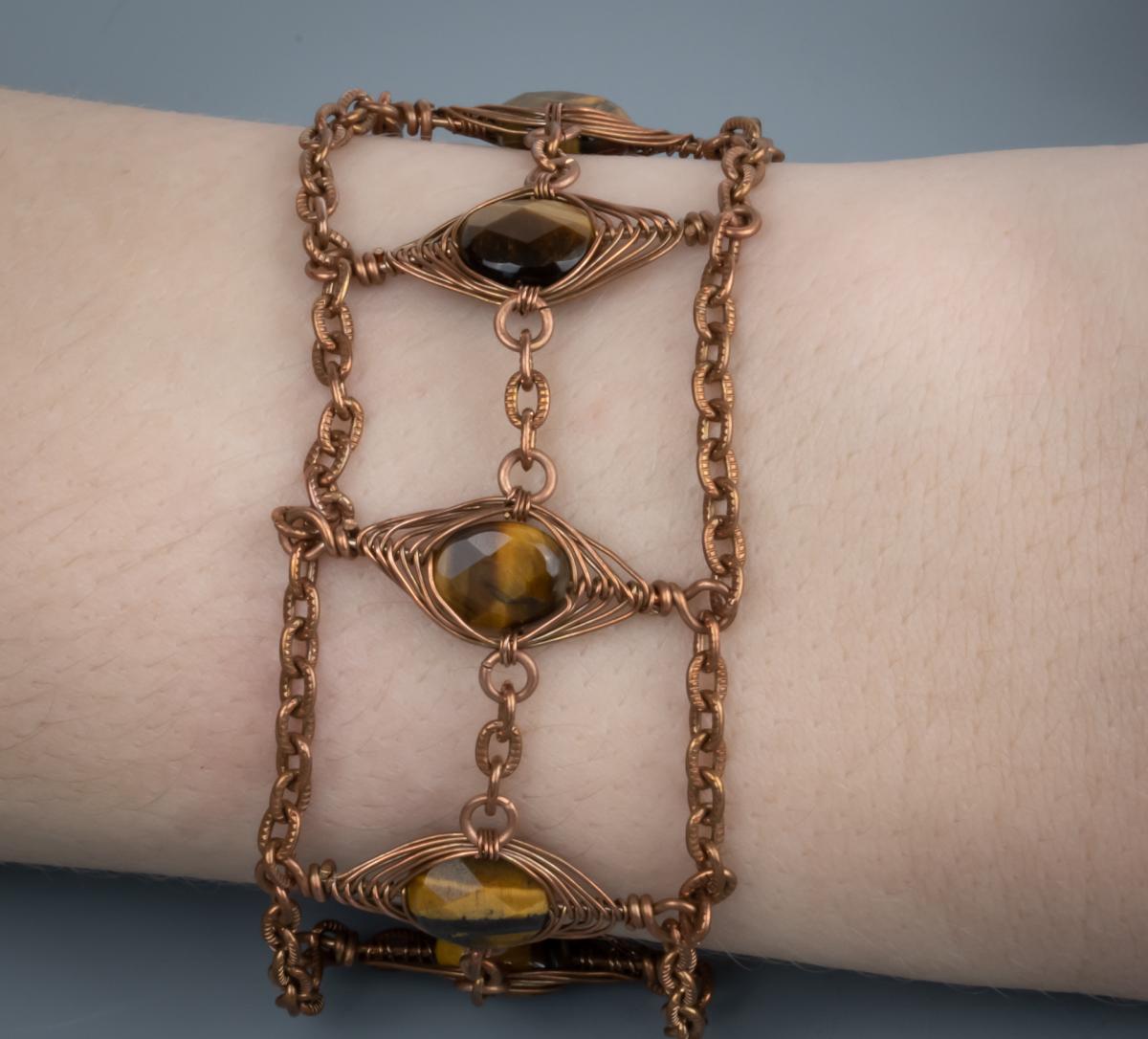 Tiger eye copper herringbone weave  and chain bracelet picture
