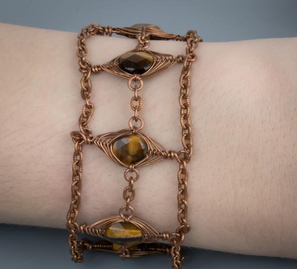 Tiger eye copper herringbone weave  and chain bracelet picture