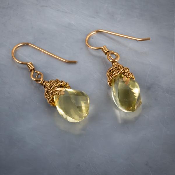 Faceted lemon quartz bronze woven earrings