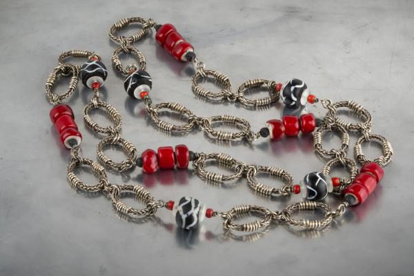 Italian (Venetian) white hearts, trail bead, braided silver link long chain necklace.