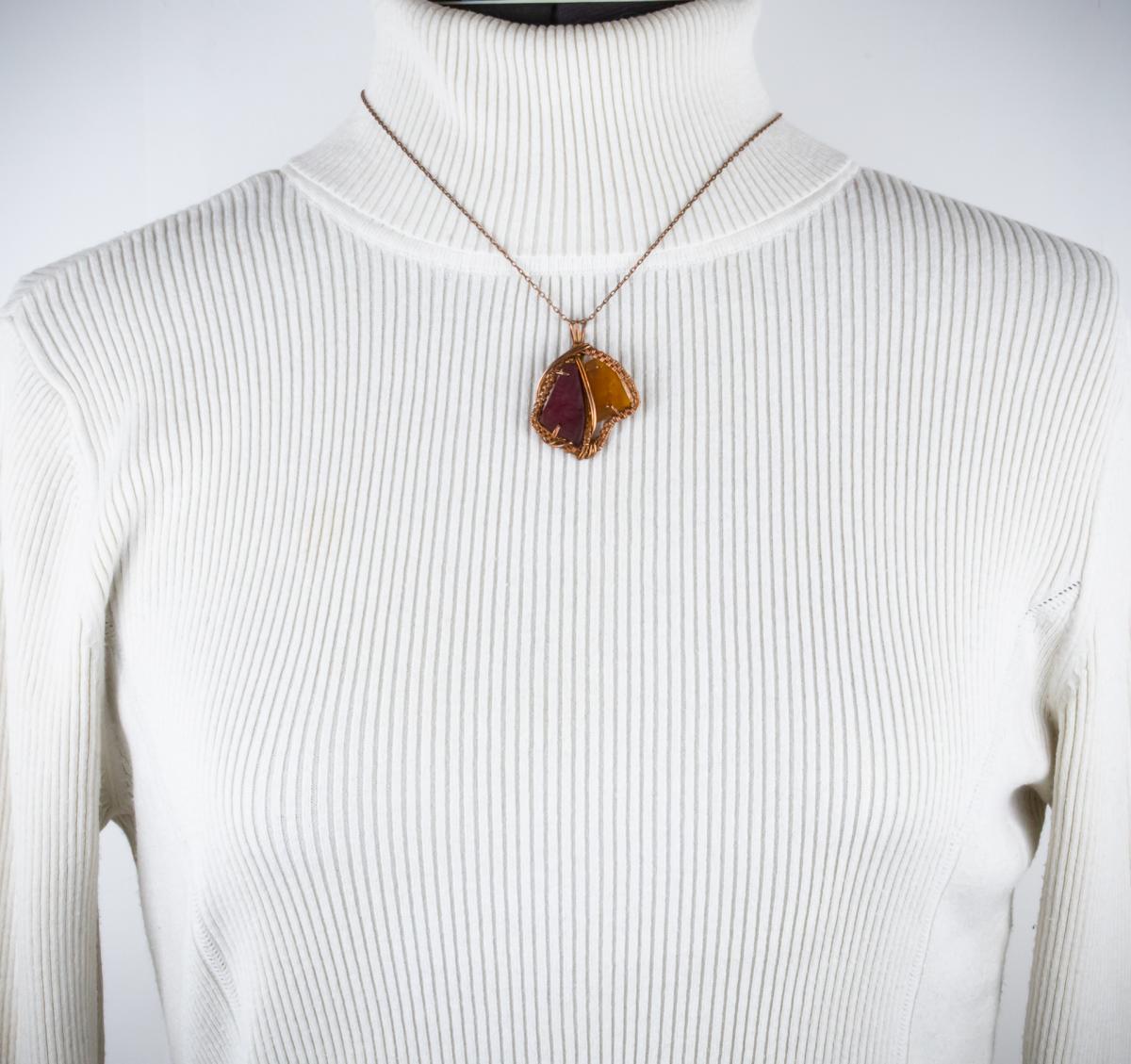 Amber & red tumbled glass copper woven pendant picture