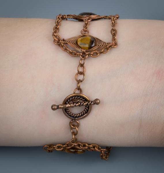 Tiger eye copper herringbone weave  and chain bracelet picture