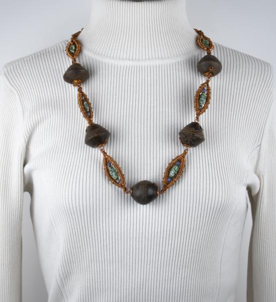 African spindle bead, moss agate, sodalite copper wire work necklace picture