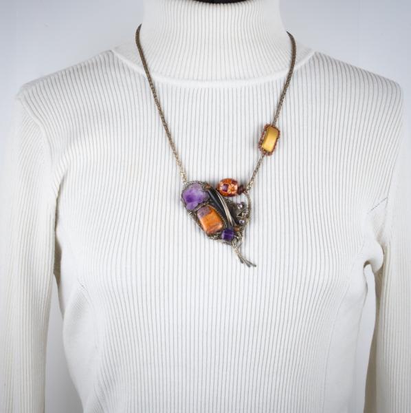 Amethyst, fire agate, wood silver woven heart pendant picture